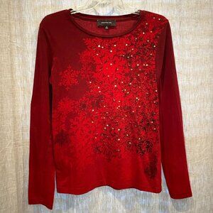 Jones New York Red Snowflake & Gold Sequin Long Sleeve T-Shirt Top Medium